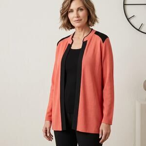Misook Open Front Cardigan Jacket 2X Coral Black Colorblock Knit Career Top